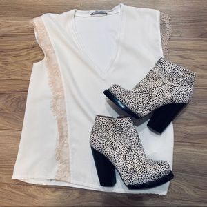 Silky cream v-neck blouse w/ blush pink lace detai